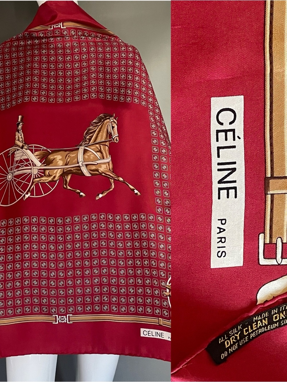 Classic Celine Silk Scarf Equestrian Carriage Print 34 In Excellent Condition